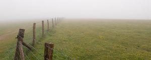 Preview wallpaper fence, grass, field, flowers, fog