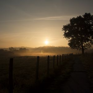 Preview wallpaper fence, grass, fog, twilight