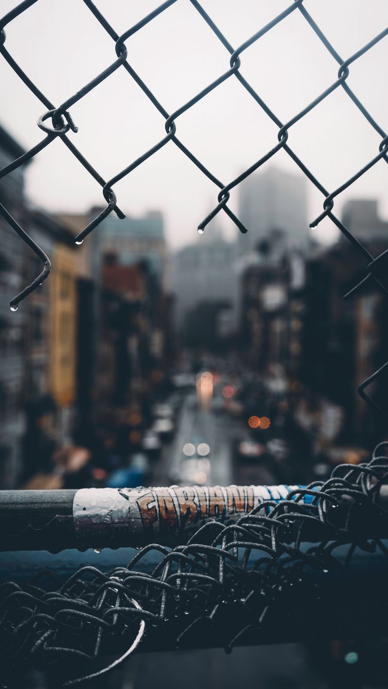 800x1420 Wallpaper fence, grid, hole, rain, city, blur