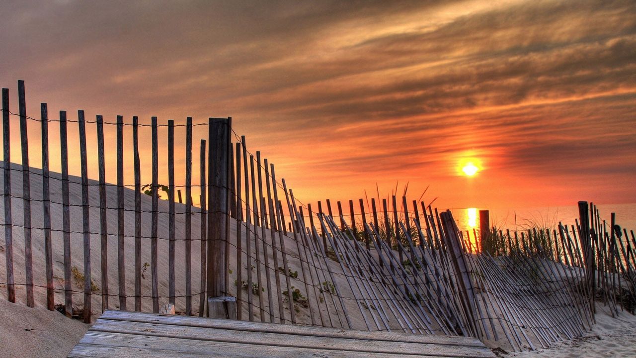 Wallpaper fence, laths, sun, decline, evening, sand, beach