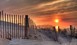 Preview wallpaper fence, laths, sun, decline, evening, sand, beach