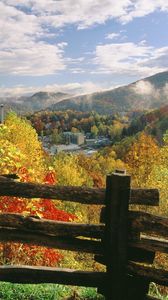 Preview wallpaper fence, logs, autumn, trees, colors