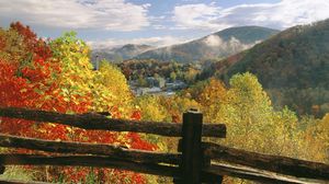 Preview wallpaper fence, logs, autumn, trees, colors