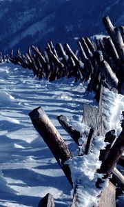 Preview wallpaper fence, logs, mountains, snow