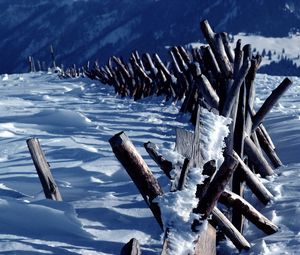 Preview wallpaper fence, logs, mountains, snow