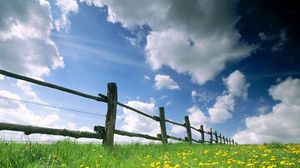 Preview wallpaper fence, meadow, sky, clouds, flowers, dandelions