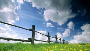 Preview wallpaper fence, meadow, sky, clouds, flowers, dandelions