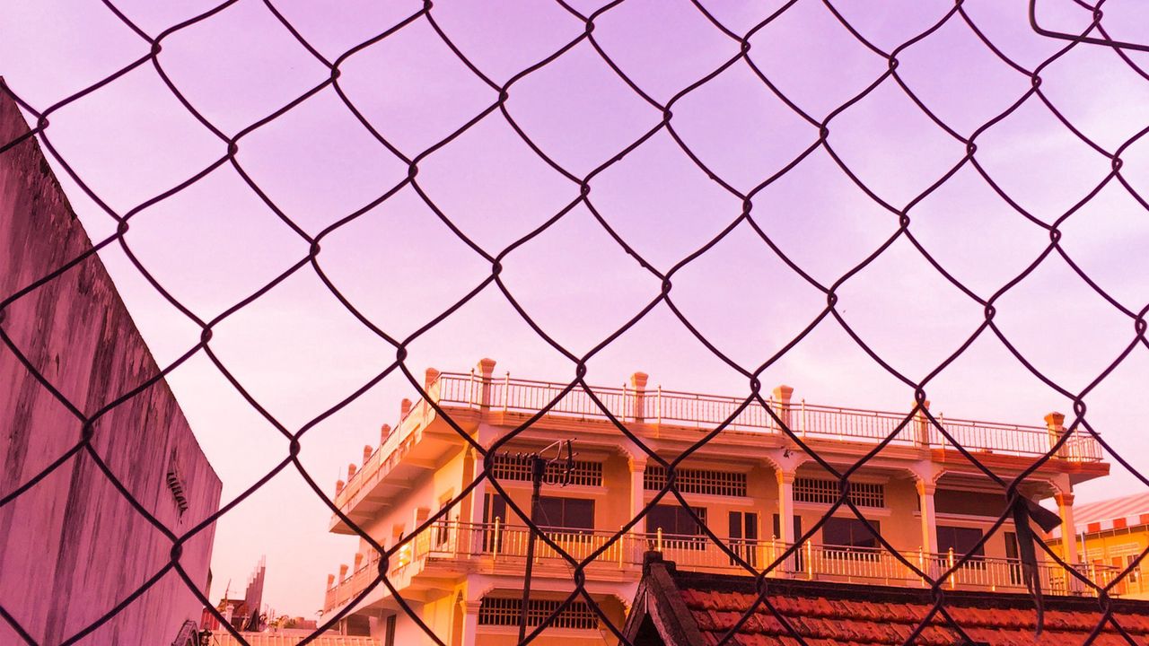 Wallpaper fence, mesh, building, sky, pink