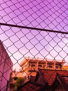 Preview wallpaper fence, mesh, building, sky, pink