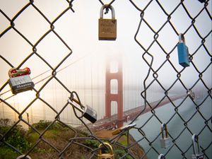 Preview wallpaper fence, mesh, lock, bridge, fog, view