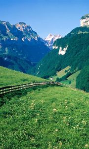 Preview wallpaper fence, mountains, slopes, meadows, greens, pasture, trees, switzerland