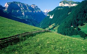 Preview wallpaper fence, mountains, slopes, meadows, greens, pasture, trees, switzerland