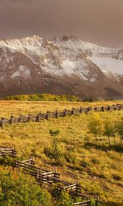 Preview wallpaper fence, protection, zigzags, mountains, autumn, trees