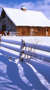 Preview wallpaper fence, snow, horses, farm