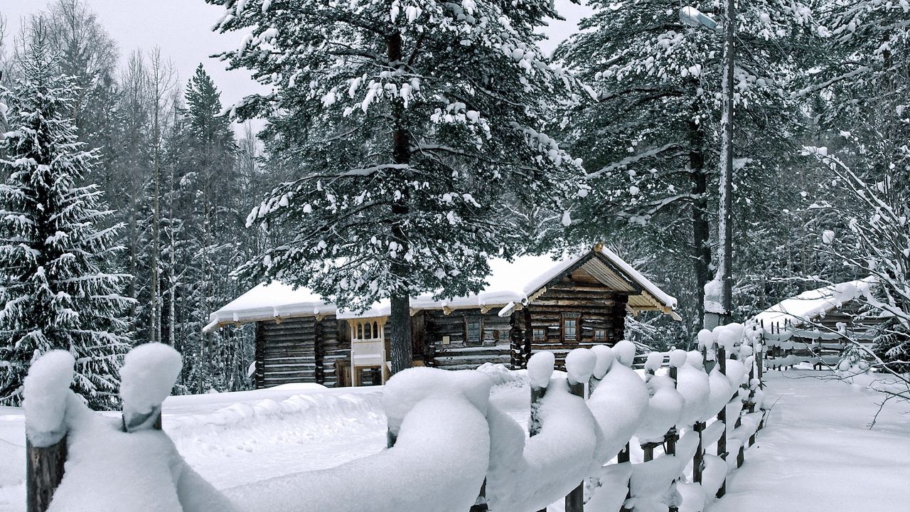 Wallpaper fence, snow, snowdrifts, attire, pines, house, log hut, construction