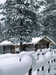 Preview wallpaper fence, snow, snowdrifts, attire, pines, house, log hut, construction