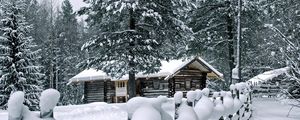 Preview wallpaper fence, snow, snowdrifts, attire, pines, house, log hut, construction
