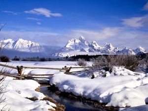 Preview wallpaper fence, snow, winter, stream, mountains, fog