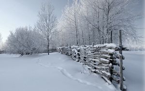 Preview wallpaper fence, snow, winter, tracks, cover