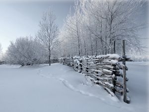 Preview wallpaper fence, snow, winter, tracks, cover