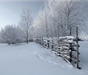 Preview wallpaper fence, snow, winter, tracks, cover