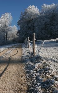 Preview wallpaper fence, stakes, hoarfrost, gray hair, winter, cold, road, country