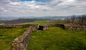 Preview wallpaper fence, stones, grass, field, valley