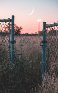 Preview wallpaper fence, sunset, moon, grass, mesh