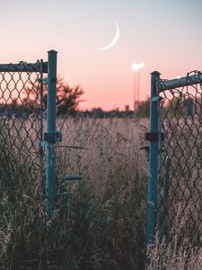 Preview wallpaper fence, sunset, moon, grass, mesh