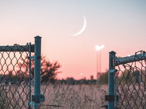 Preview wallpaper fence, sunset, moon, grass, mesh