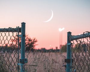 Preview wallpaper fence, sunset, moon, grass, mesh