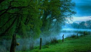 Preview wallpaper fence, trees, wire, fog, morning, river