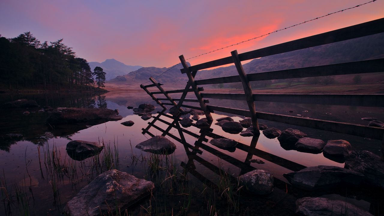 Wallpaper fence, water, stones, morning, mountains, wood