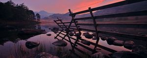 Preview wallpaper fence, water, stones, morning, mountains, wood