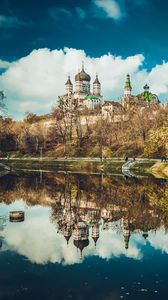 Preview wallpaper feofania, kiev, cathedral, reflection, pond