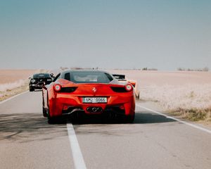 Preview wallpaper ferrari 458, ferrari, red, sports car, rear view, road, movement