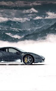 Preview wallpaper ferrari 458 italia, ferrari, sports car, gray, side view, snow, mountains, winter