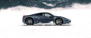 Preview wallpaper ferrari 458 italia, ferrari, sports car, gray, side view, snow, mountains, winter