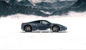 Preview wallpaper ferrari 458 italia, ferrari, sports car, gray, side view, snow, mountains, winter