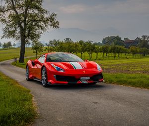 Preview wallpaper ferrari, car, sports car, side view, red, road