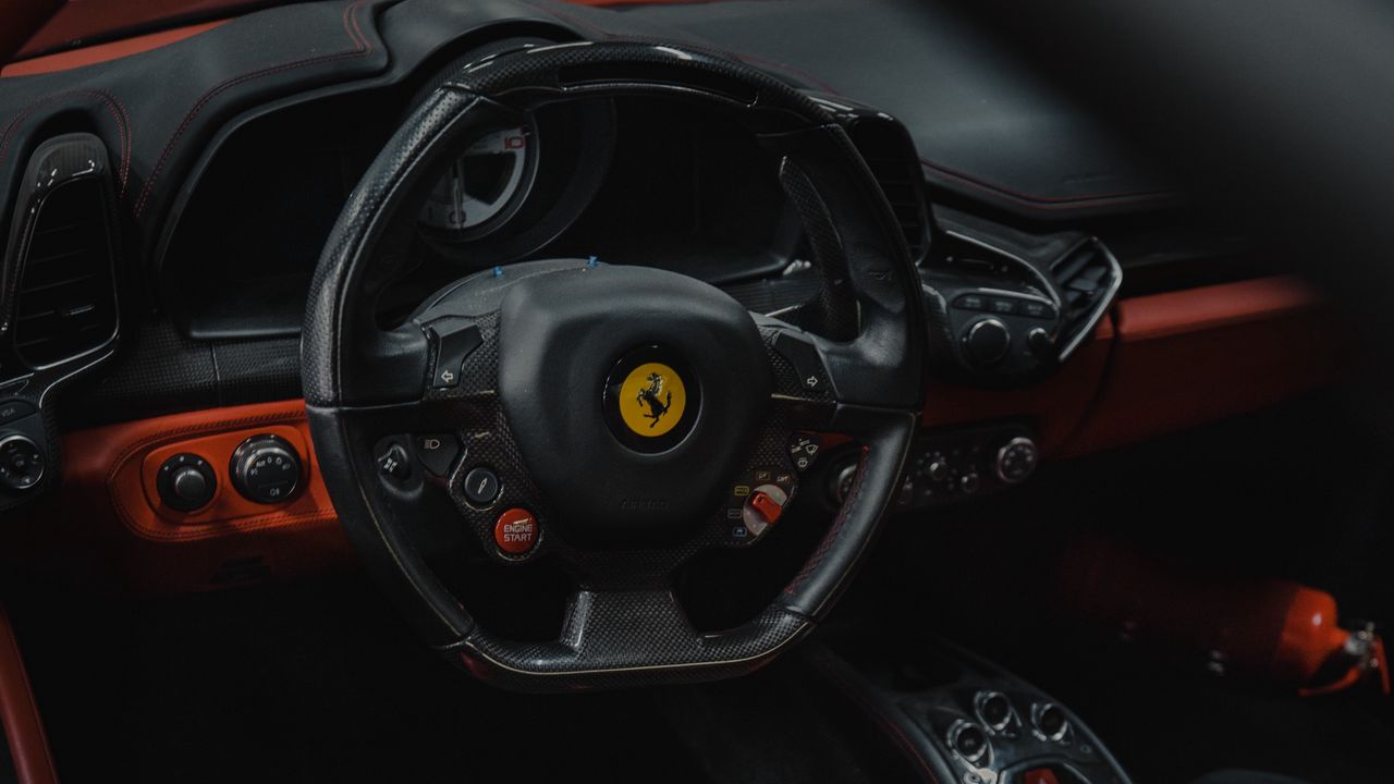 Wallpaper ferrari, car, steering wheel, seat, salon, red