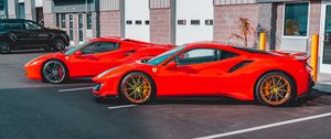 Preview wallpaper ferrari, cars, sports cars, red, parking, building