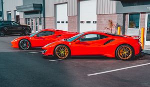 Preview wallpaper ferrari, cars, sports cars, red, parking, building
