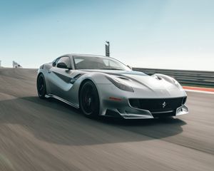 Preview wallpaper ferrari f12, ferrari, car, sports car, gray, speed, asphalt