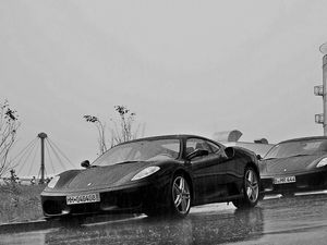 Preview wallpaper ferrari, rain, building, black and white