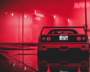 Preview wallpaper ferrari, sportscar, red, wet, neon, night