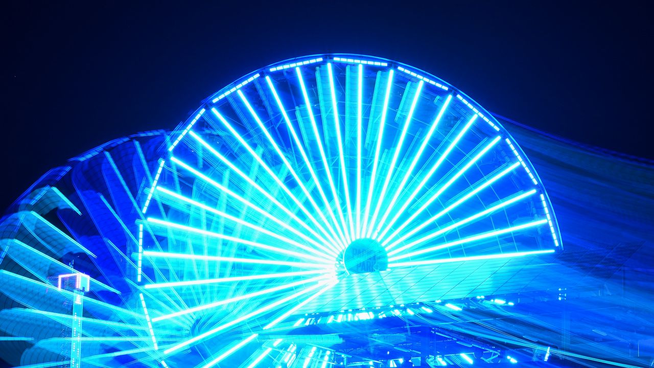 Wallpaper ferris wheel, attraction, backlight, long exposure, blue