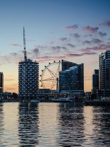 Preview wallpaper ferris wheel, attraction, buildings, city, water