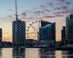 Preview wallpaper ferris wheel, attraction, buildings, city, water