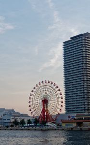 Preview wallpaper ferris wheel, attraction, buildings, water, pier